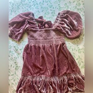 Free people Velvet smocked bell Sleeve Dress in Mauve